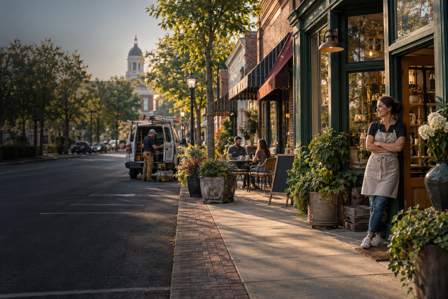 A welcoming row of independent local businesses on a small-town main street